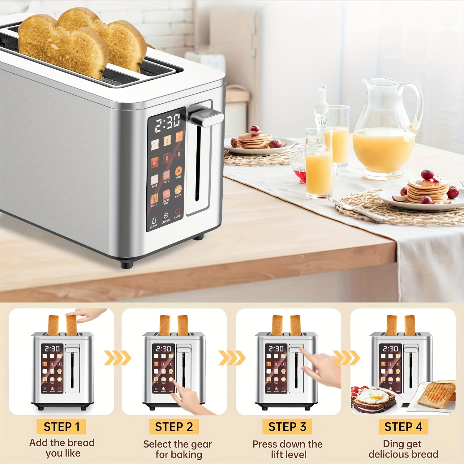2-Slice Smart Toaster with Touchscreen, Long Slots, Stainless Steel