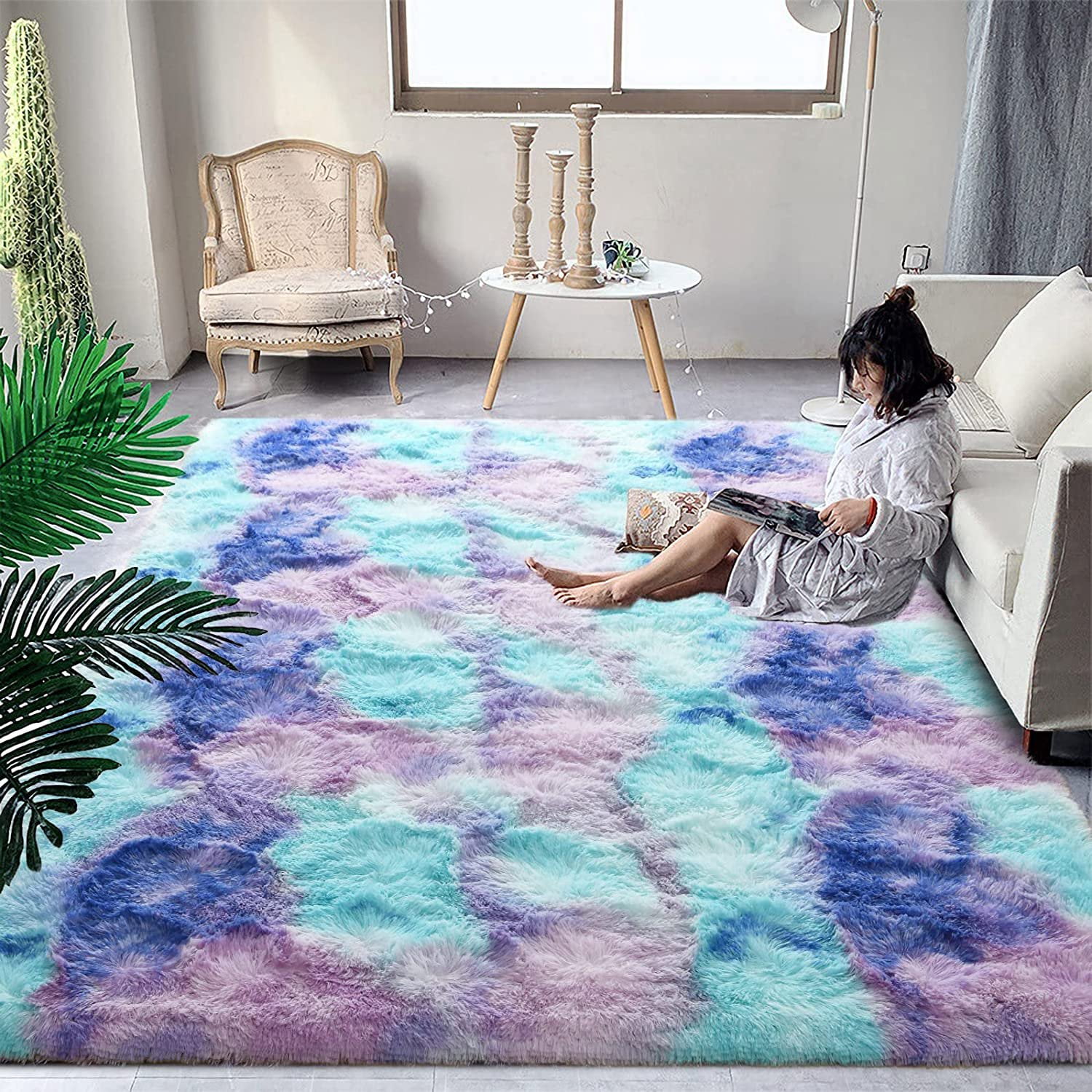 Homore Shag Area Rug,Tie-Dyed Blue Purple Indoor Ultra Soft Plush Rugs for Living Room，Fluffy Carpet For Bedroom,5'X 8',Blue Purple