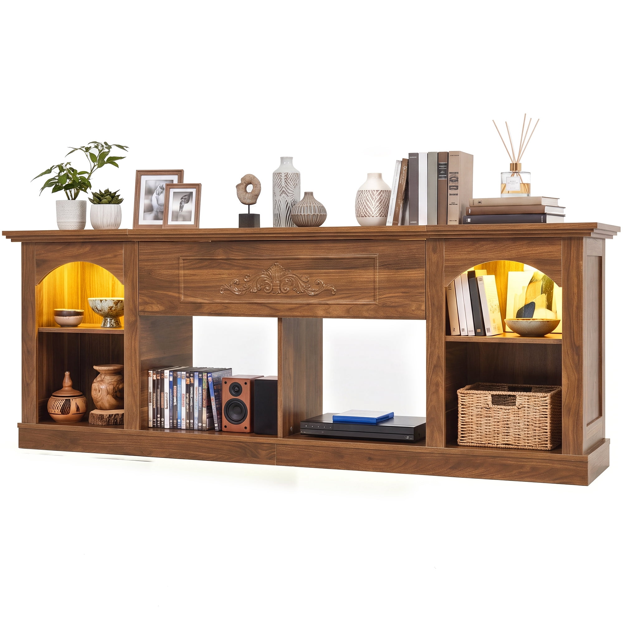 Uforic 70 Inch Farmhouse TV Stand with RGB Ambient LED Light, Flip-Down Carved Door Fits 75/80 Inch TVs for Living Room Bedroom, Walnut