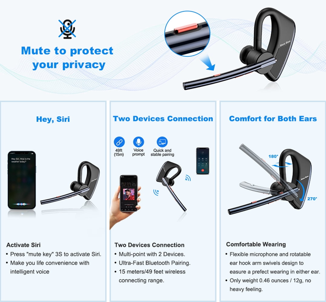 New bee Bluetooth Earpiece V5.2 Wireless Headset,24H Talk/180Days Standby,ENC Dual Mic Noise Cancelling,270°Rotatable Mic,Left/Right Ear Compatible for Work/Driver/Business/iPhone/Android,Dark Blue