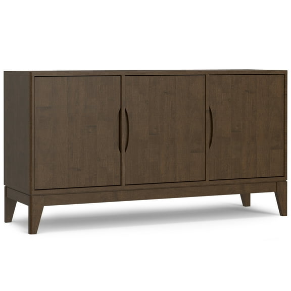 Simpli Home Harper SOLID HARDWOOD and Rubberwood 60 inch x 17 inch Rectangle Mid Century Modern 3 Door Sideboard Buffet / Storage Cabinet in Walnut Brown