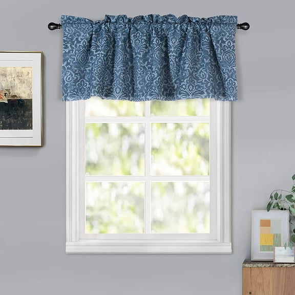 DriftAway Frances Linen Blend Blackout Valance for Kitchen 18 Inch Length Damask Printed Lined Rod Pocket Room Darkening Thermal Insulated Window Curtain Valance for Living Room 50x18 Inch Blue