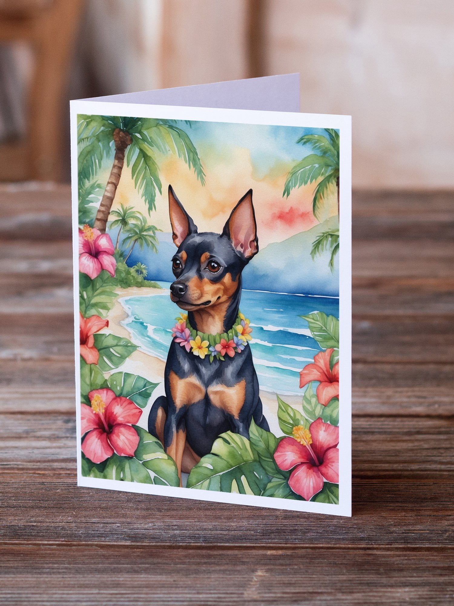 Miniature Pinscher Luau Greeting Cards Pack of 8 7 in x 5 in