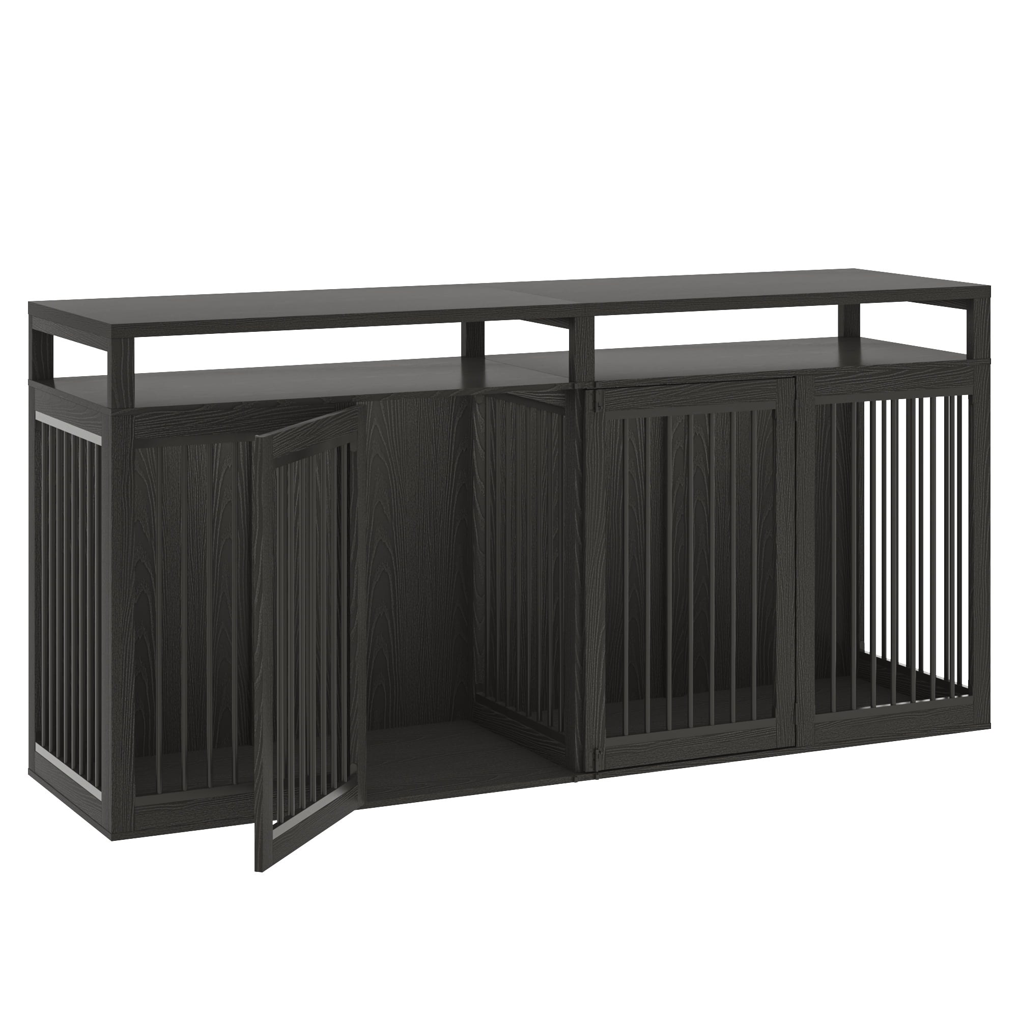 ChVans 87" Large Farmhouse Dog Crate TV Stand, Wooden Dog Crate Furniture with 4 Lockable Doors/Solid Metal Tube, XL-XXL Heavty Duty Dog Crates Furniture for 2 Medium or Large Dogs, Black