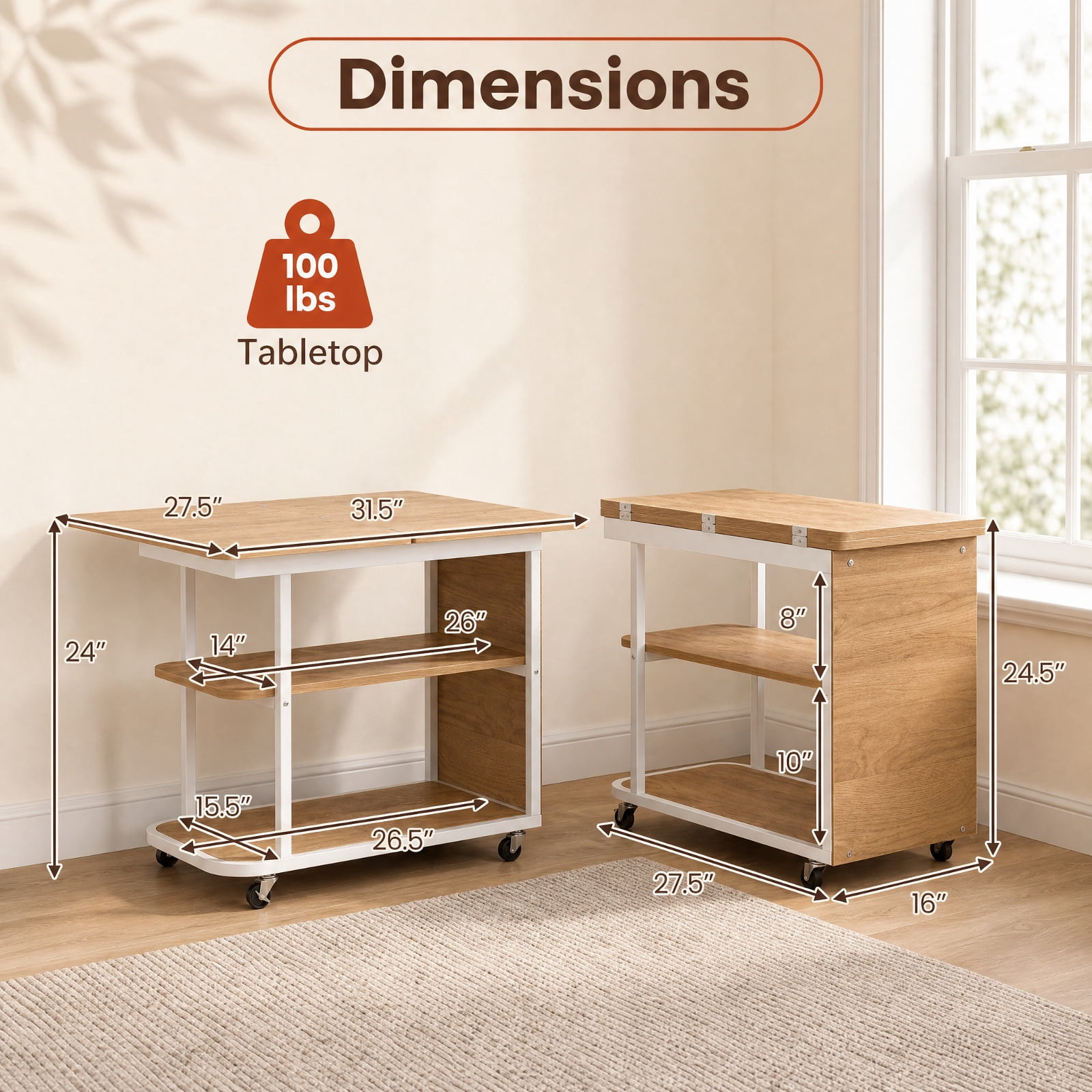 Furnibear Mobile Nightstand with Foldable Swivel Top and 2 Tier Shelf Rolling Bedside Table for Small Spaces Bedroom, Natural