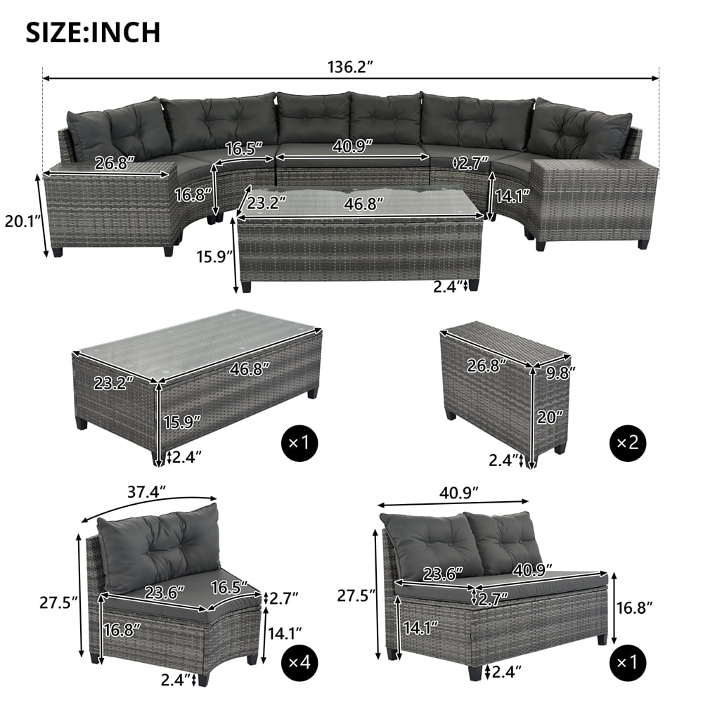 8 Pieces Outdoor Wicker Round Furniture Set, All Weather Half-Moon Sectional Patio Sofa Sets with Rectangular Coffee Table, Gray