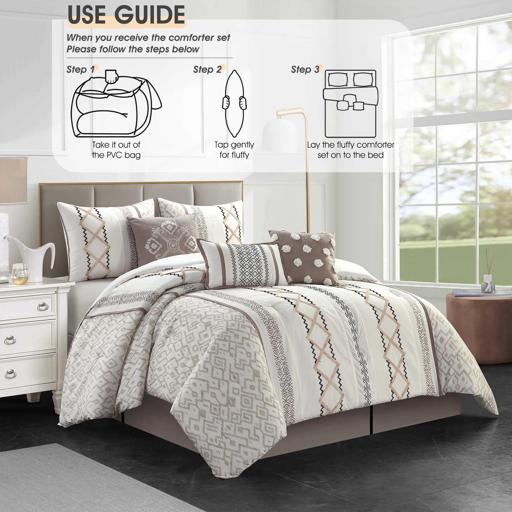 Lanco Luxury 7 Piece Cozy Boho Comforter Set Queen Beige Embroidered Girls Bedding, Premium Microfiber, All Season Home Décor
