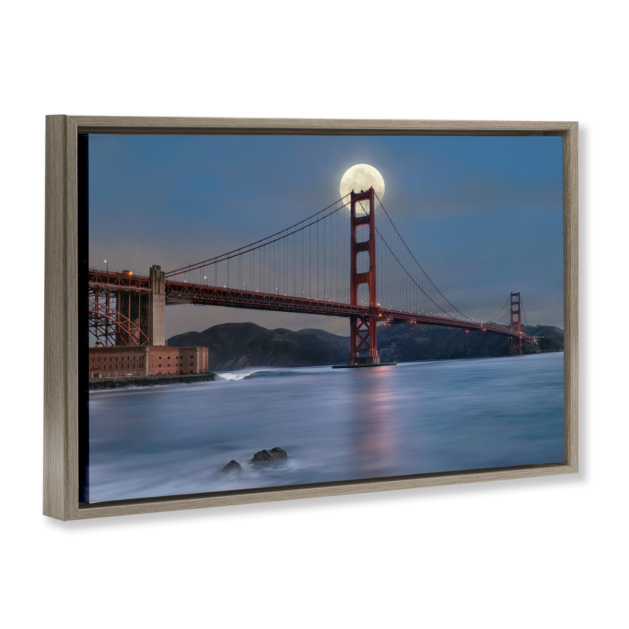 Stupell Industries Moonlit Bridge Landmark Scenic & Cityscapes Painting Brown Floater Framed Canvas Art Print Wall Art, 31 x 21