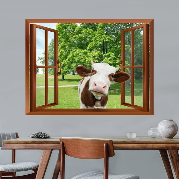wall26 - A Cow Sticking its Head into an Open Window | Removable Wall Sticker/Wall Mural - 24"x32"