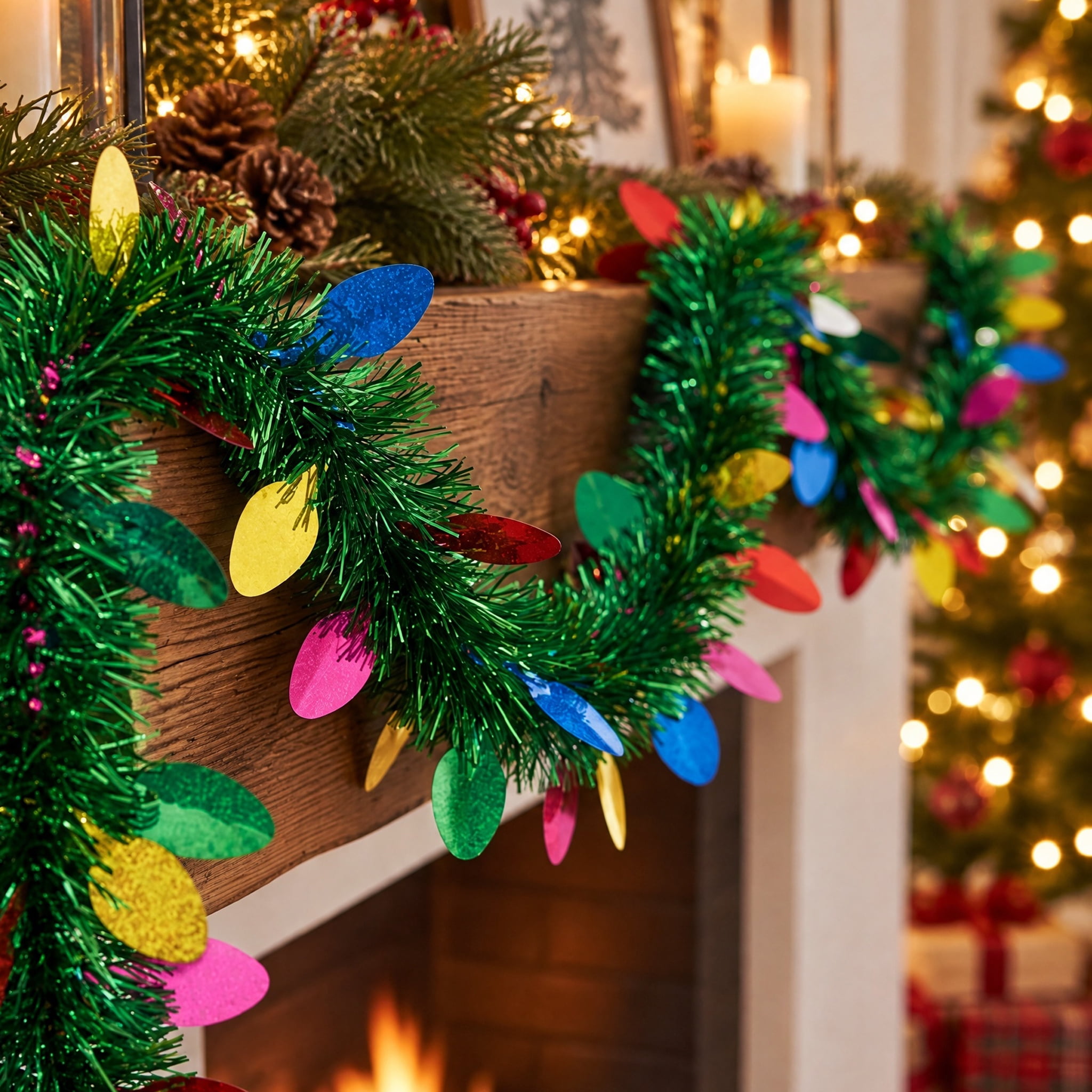 Cut-Out Light Bulb Tinsel Christmas Garland, Multicolor, 12', by Holiday Time