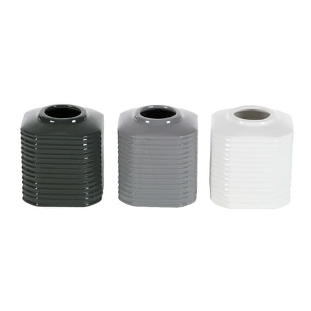 Ribbed Ceramic - Decmode Set of 3 contemporary 5 inch ribbed octagonal ceramic vases, Black, Gray, White