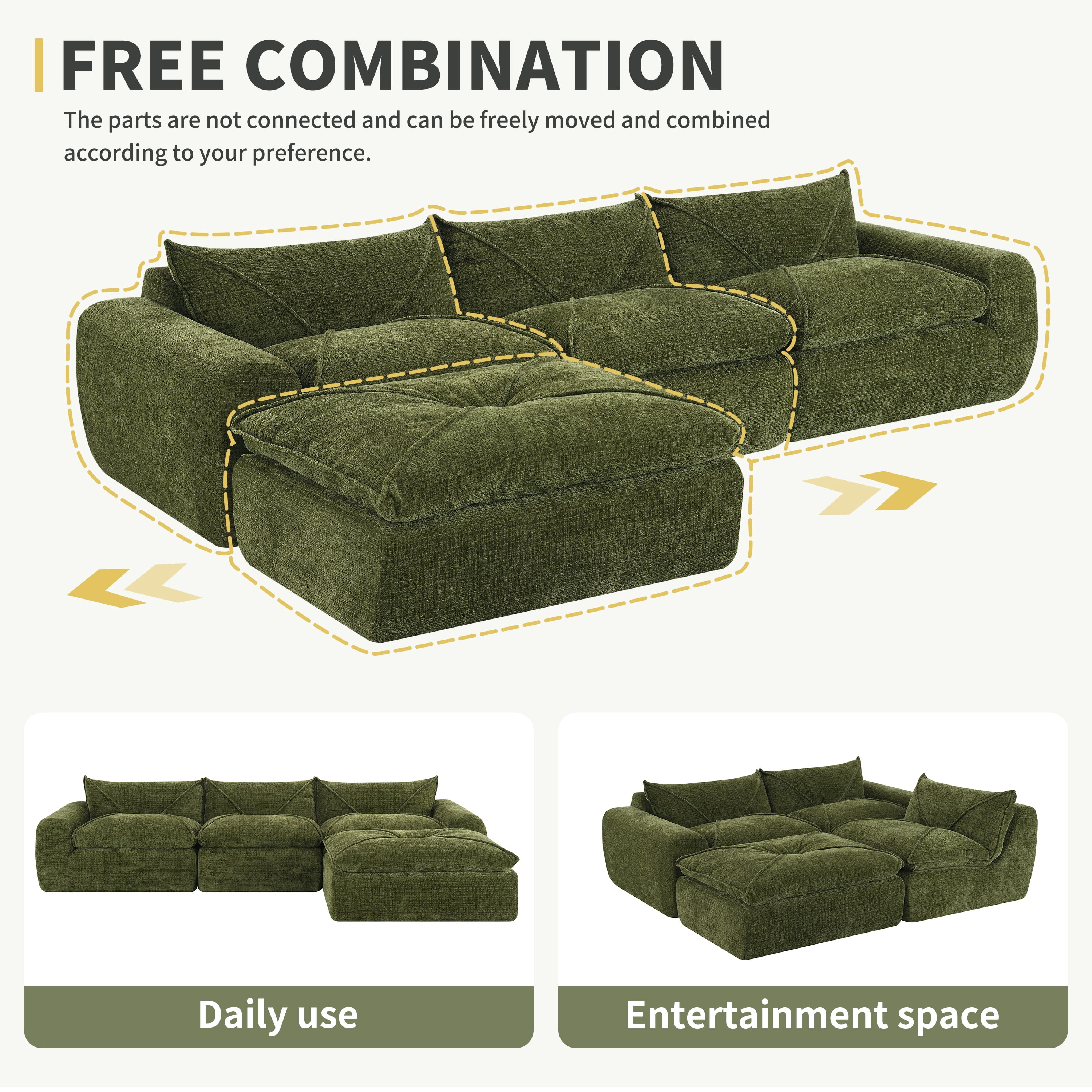 EPOWP 116'' Modular Sectional Couch, Chenille Boneless Cloud Couches, Fully Compressed Sofa with High Density Foam, Convertible L Shaped Sectional Sofa for Living Room, No Assembly(Green)