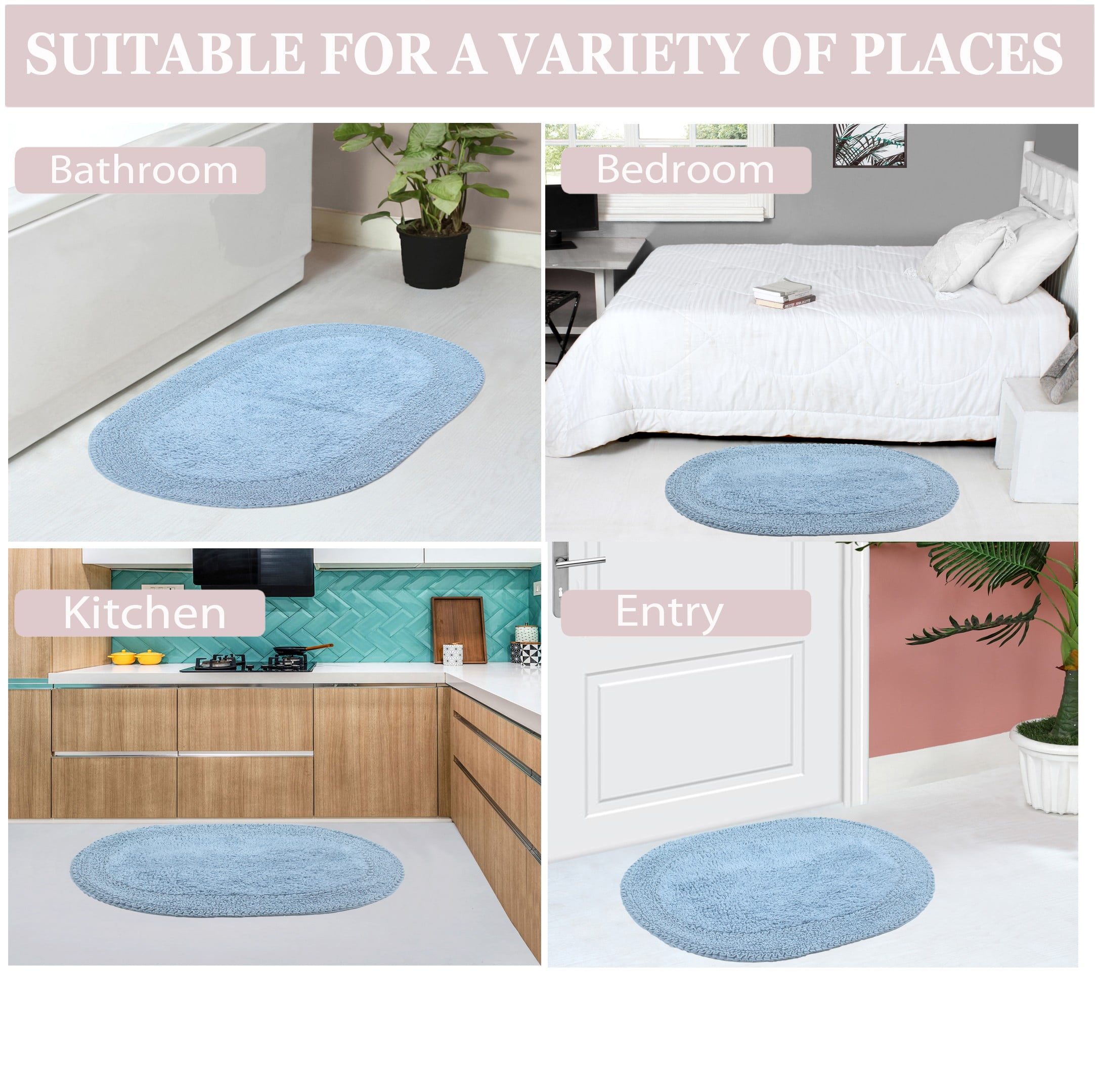 Home Weavers Double Ruffle Collection 100% Cotton Non-Slip Bathroom Rug Set Machine Washable Bathroom Rug-17"x24", Bath Rug- 21"x34", Bathroom Rug- 24"x40", Blue Color 3 Piece Bath Rug set