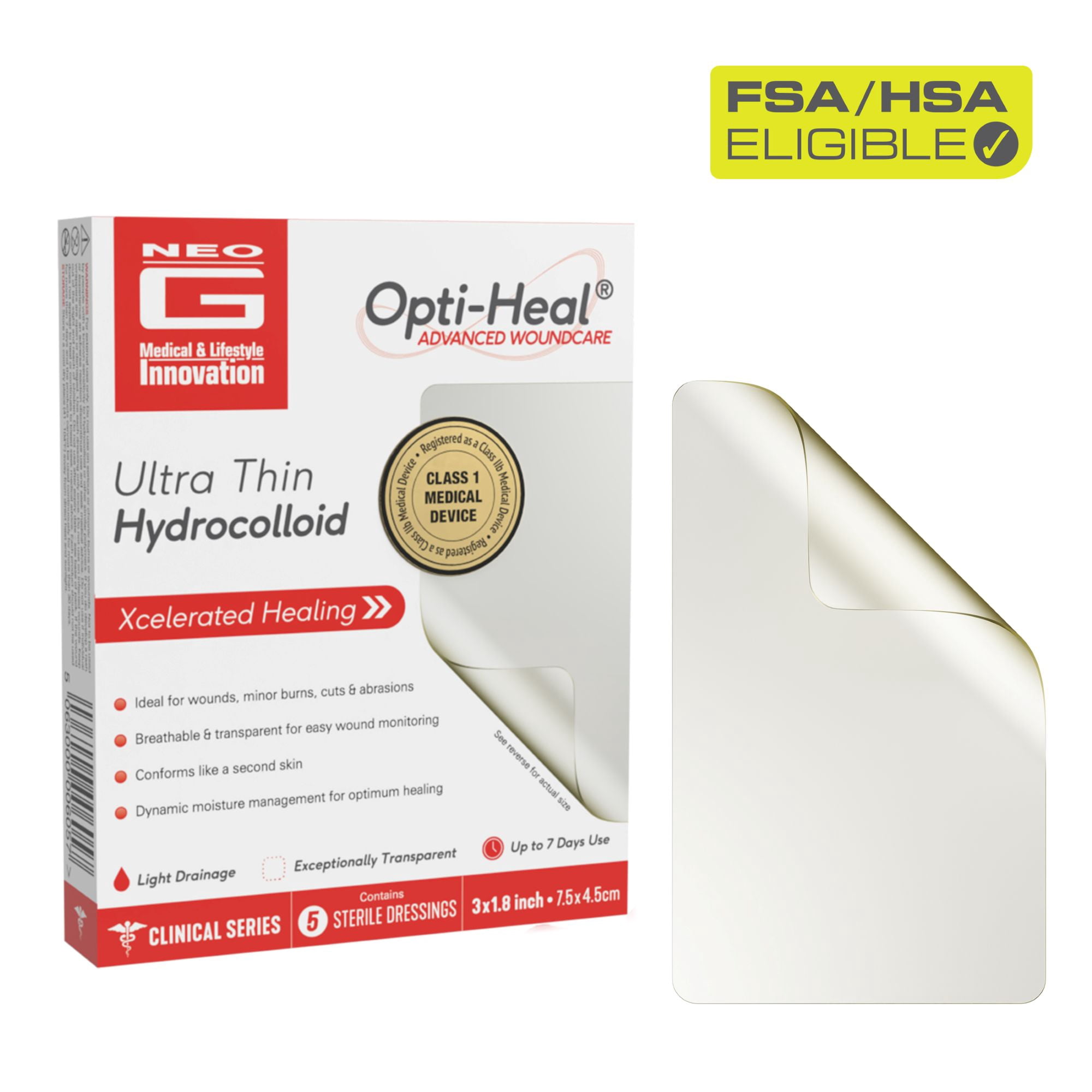 (3 pack) Neo G Opti-Heal Ultra Thin Hydrocolloid, 5 count, For Minor Burns, Cuts & Abrasions FSA/HSA Eligible