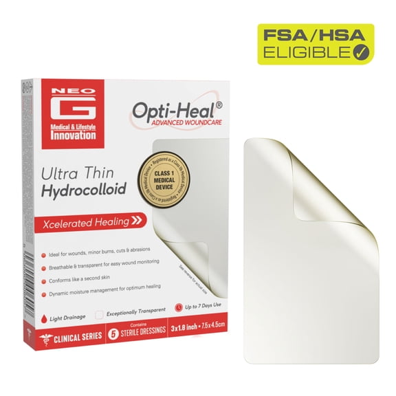 Neo G Opti-Heal Ultra Thin Hydrocolloid, 5 count, For Minor Burns, Cuts & Abrasions FSA/HSA Eligible