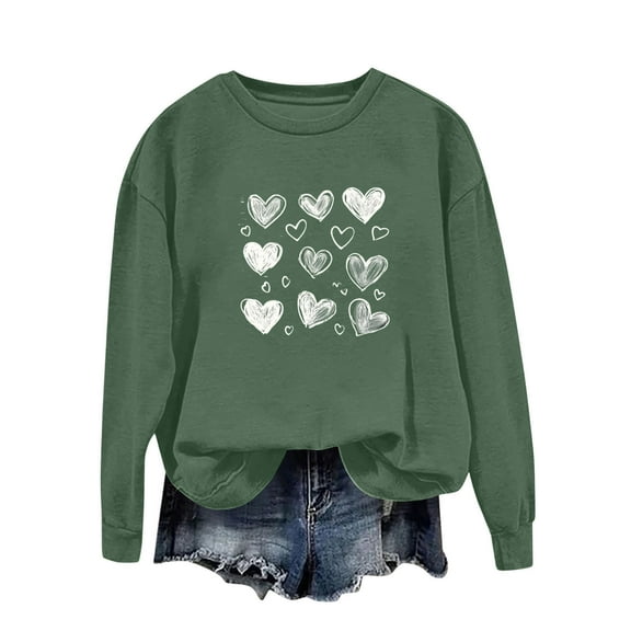 Valentine's Day Sweatshirt for Women Heart Print Oversized Casual Soft Polyester Crewneck, Army Green,Size 2XL