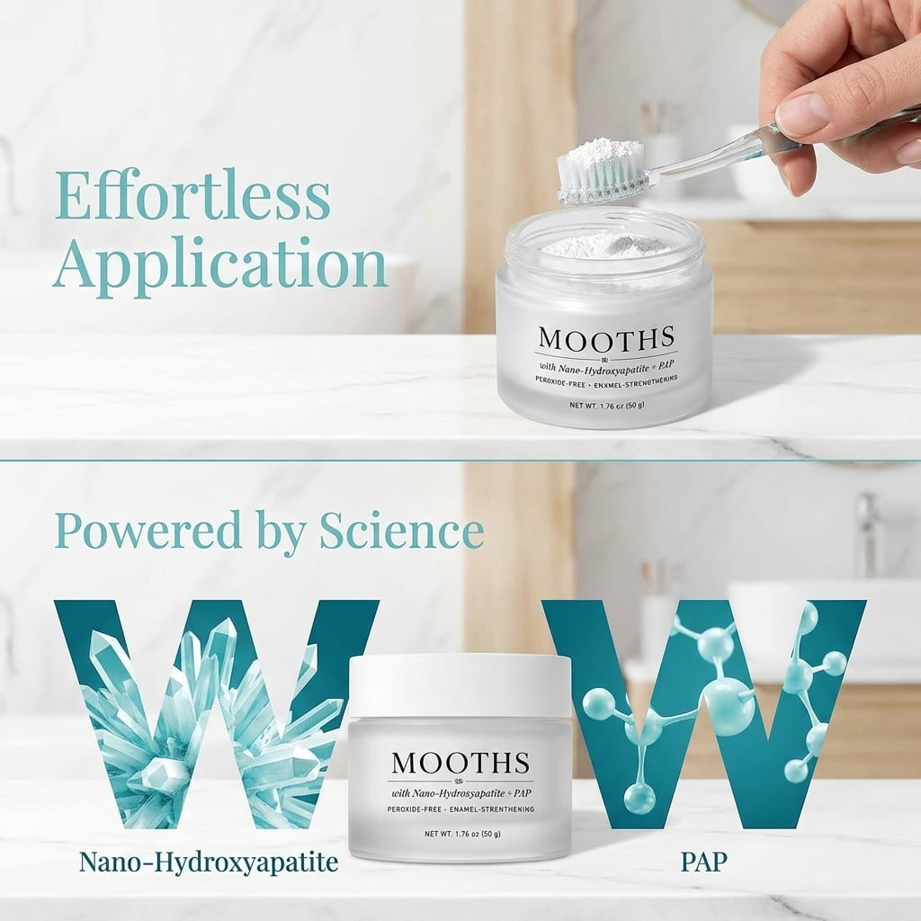 MOOTHS Teeth Whitening Powder with Hydroxyapatite & PAP, Daily Tooth Powder for Fresh Breath, Gentle Stain Removal Oral Care, Fluoride Free Whitening Powder for Adults, 1.76 OZ / 50G  (1PC)