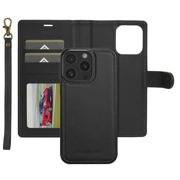 Dteck Wallet Case for iPhone 15 Pro Max, Luxury PU Leather Detachable Magnetic 2 in 1 Case Kickstand Credit Card Slots Wireless Charging Compatible with iPhone 15 Pro Max,Black