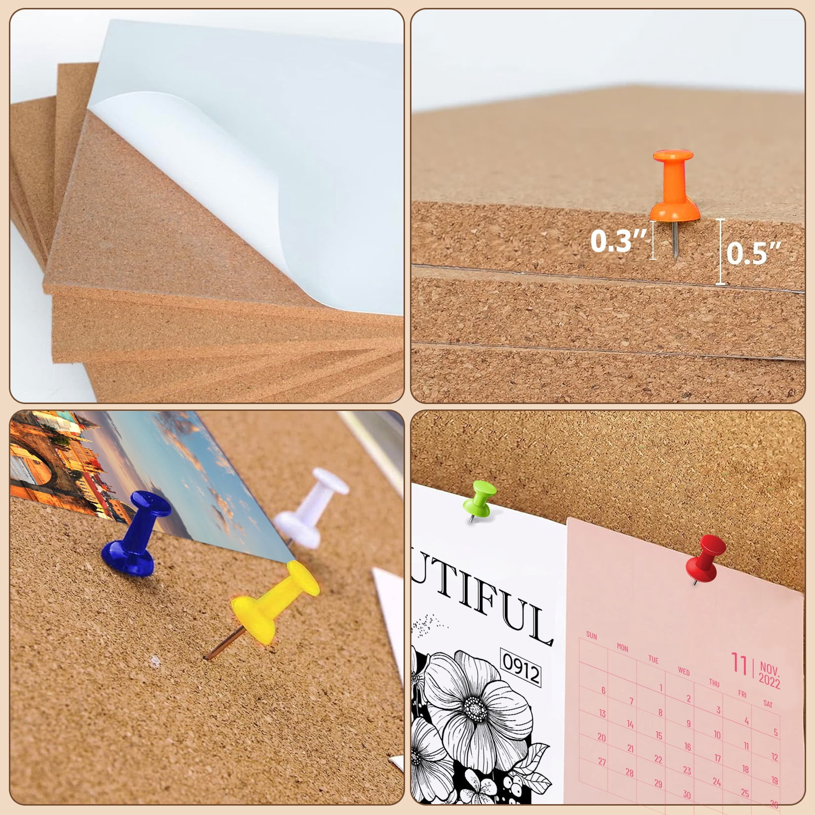 LERENSHA 8 Pack Cork Board Tiles 12 x 12 x 0.5 Inch, Self Adhesive Cork Boards Square, Bulletin Board Wall Tiles with Push Pins for Office, Home, DIY Wall Decor