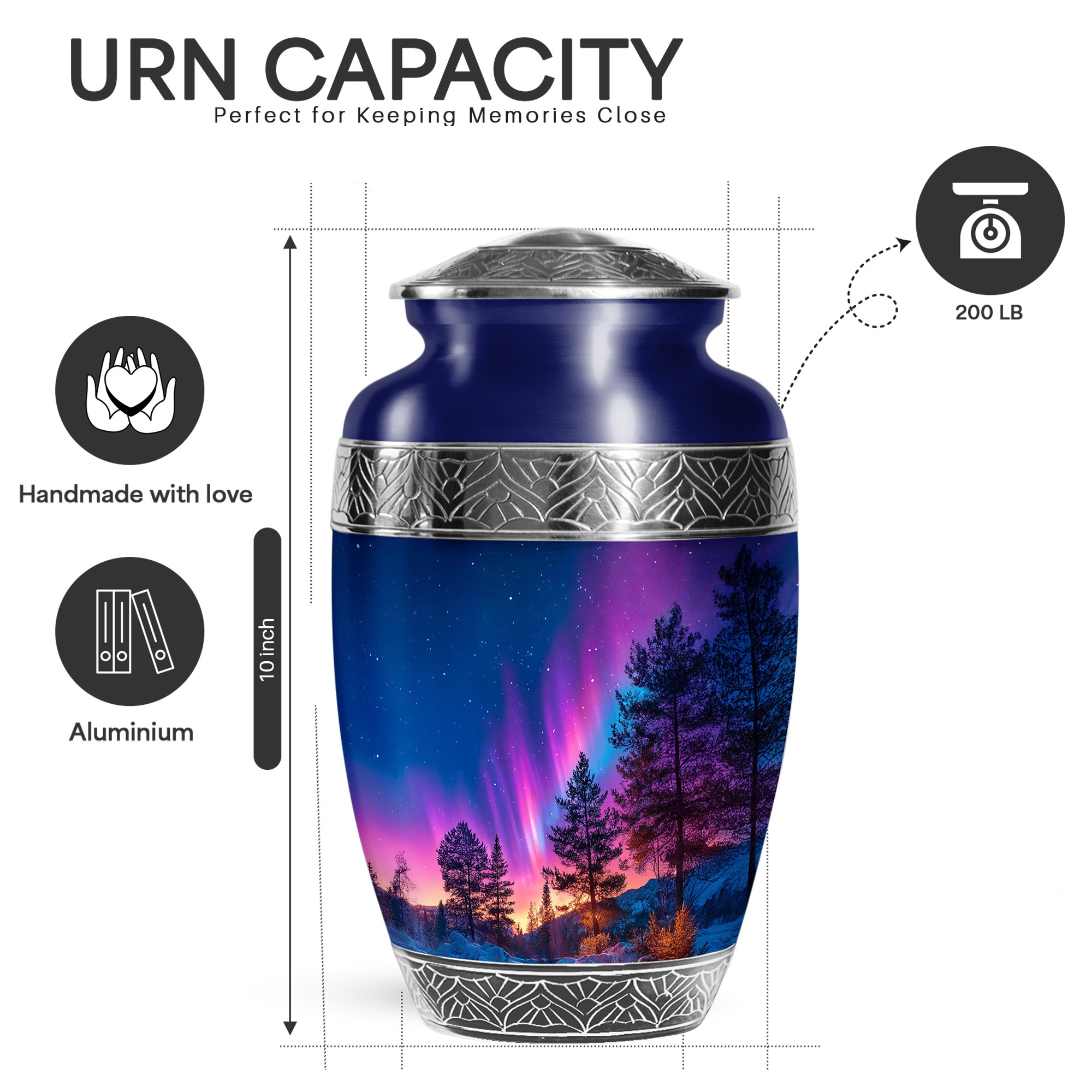YATSKIA Northern Lights Large Memorial Urns for Human Ashes Adult Man, Decorative Cremation Urn for Ashes for Women, (200 Cubic, Large 10 Inch)