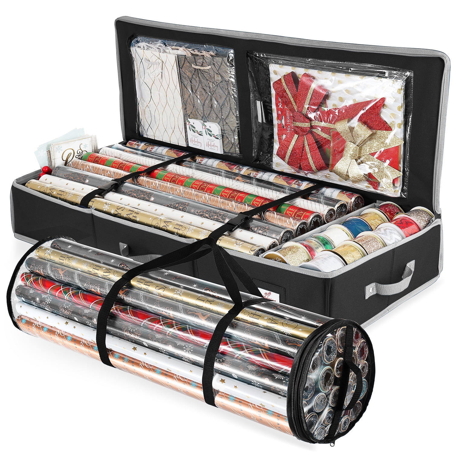 Hearth & Harbor Set of Holiday Christmas Wrapping Paper Storage Box and Wrapping Paper Storage Roll, Gift Wrap Organizer , Black