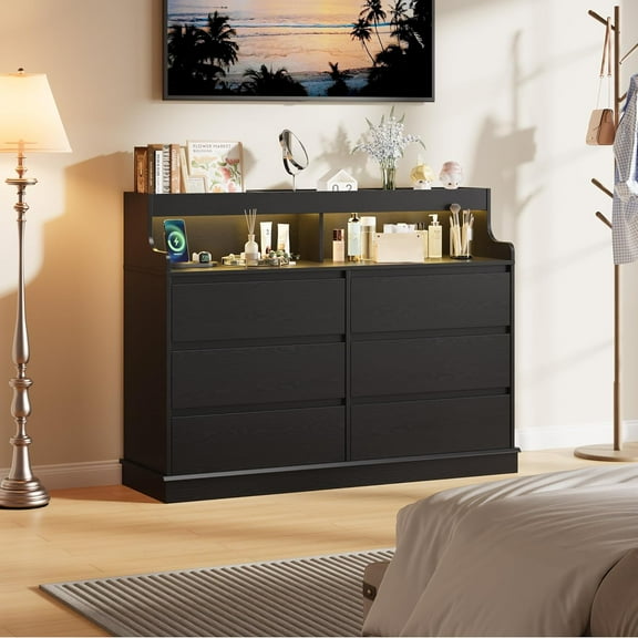 Yesurprise Black Dresser for Bedroom, 6 Drawer Dresser with LED Lights and Charging Station, Wide Chest of 6 Drawers with Open Space, Modern Large Capacity Storage Cabinet