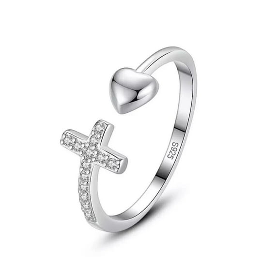 Cross Heart Love Open Adjustable Ring For Women 1.9 Ct Diamond 14K White Gold Over