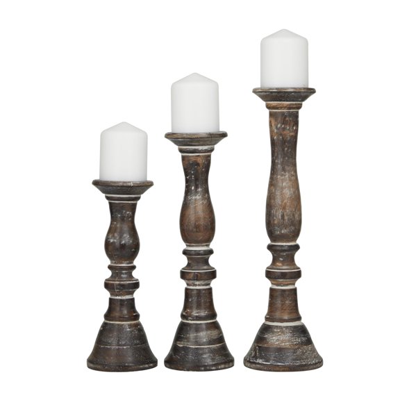 DecMode 3 Candle Dark Brown Wood Candle Holder, Set of 3