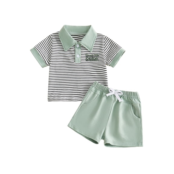 BemeyourBBs Toddler Baby Boys Mama's Little Dude Outfit Summer Clothes Short Sleeve Lapel Letter Embroidery Striped Button Shirt Tops and Pockets Shorts Set