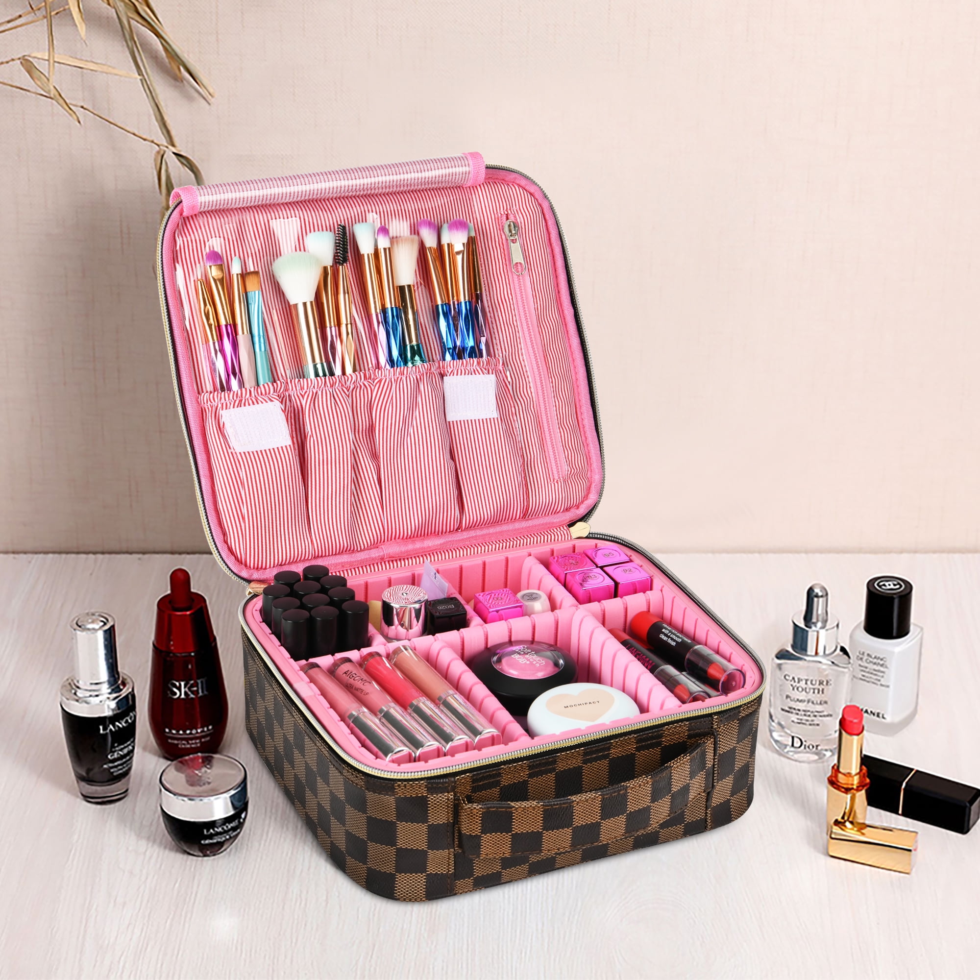 Makeup Bag Excellent Multifunctional Checkerboard Girl Fashion  Makeup Bag Pink : Beauty & Personal Care