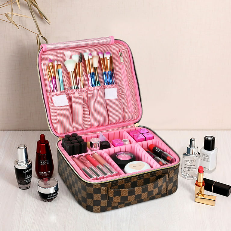 Vlando Cosmetic Travel Makeup Bag Organizer with Adjustable Dividers,  Brushes for Girls Women Friends Christmas Thanksgiving Ideal Gift Pink