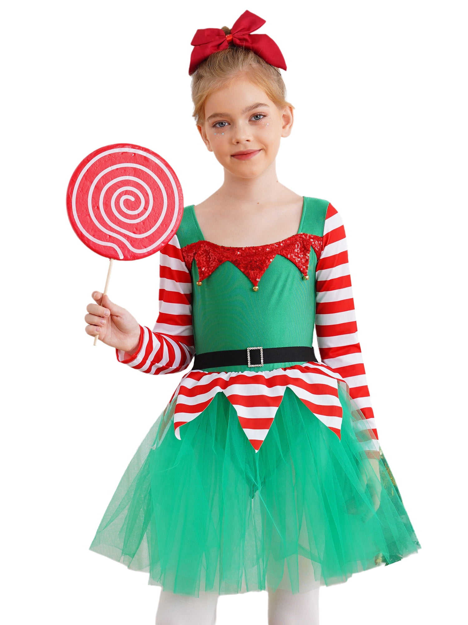 iEFiEL Kids Girls Christmas Elf Dress Long Sleeve Stripes Tutu Dance Dress Leotard Santa Little Helper Outfit Green 8