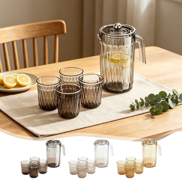 YYV Glacial-Texture Large-Capacity Refrigerator Jug and Cup Set Transparent BPA-Free Cold-Brew Pitcher with Four Matching Cups Durable Anti-Slip Design for Kitchen Fridge