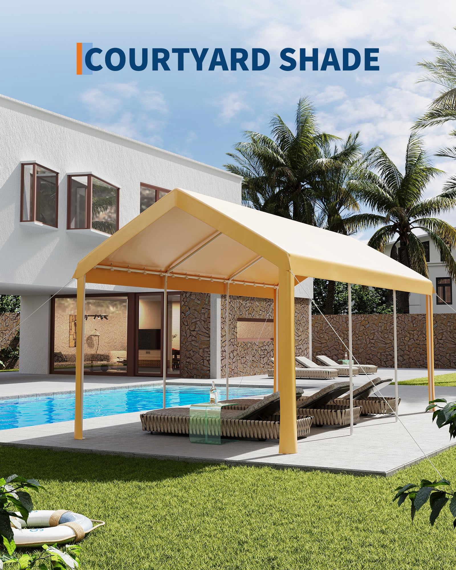10X20 FT Carport Canopy, Portable Car Tent Garage with Roll-Up Door, All-Season Tarp Cover, Removable Side Walls, Outdoor Storage Shed,Yellow