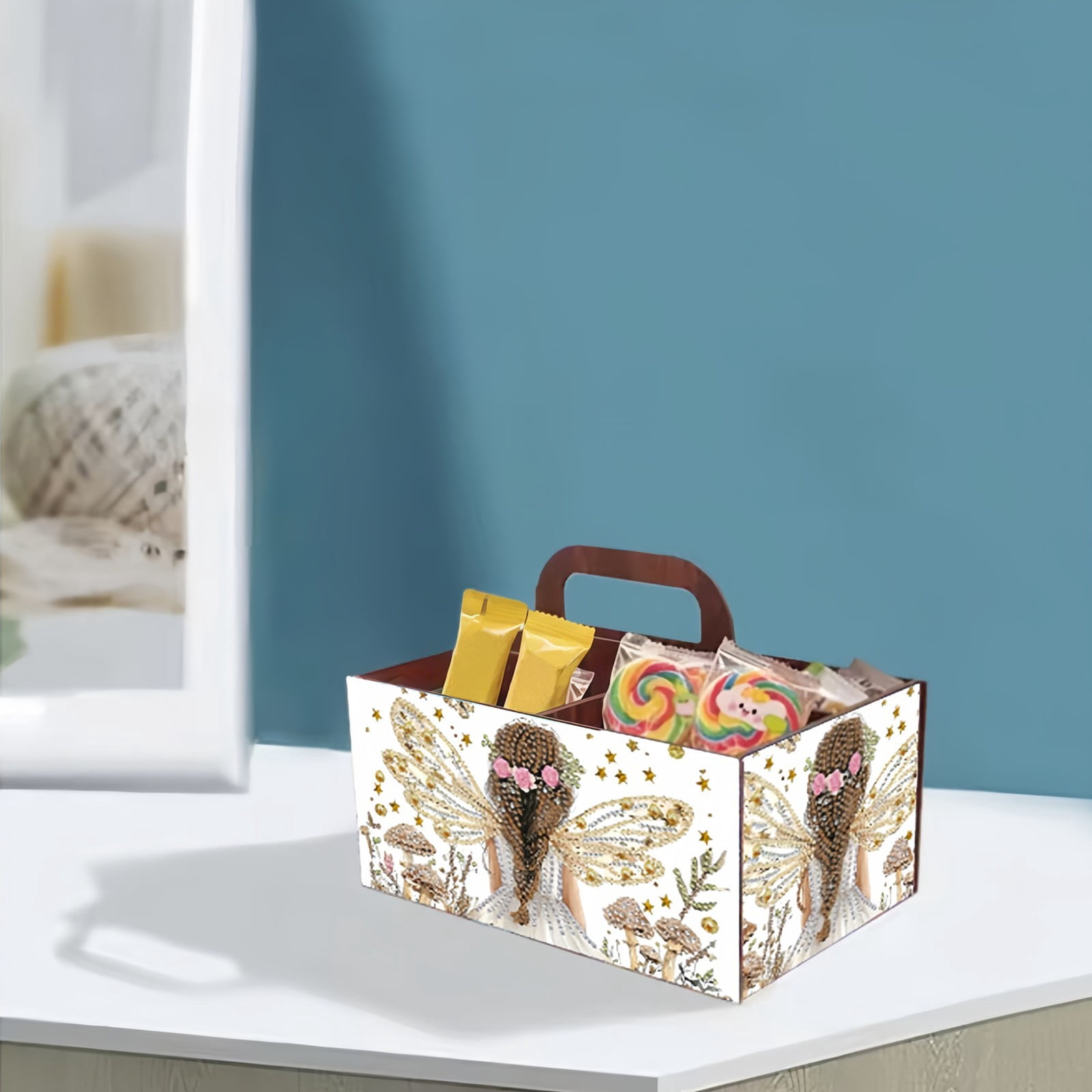 FLOPESN DIY Fairy Diamond Art Painting 5 compartments Wooden Storage Box, 9.44*8.14in, Practical Rectangular Assembly Portable Multi-Grid Box