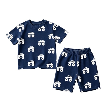 Little Boys Shorts Sets 2 Piece Outfit Car Graphic Print Summer Short Sleeve Tee And Shorts Kids Casual Vacation Beach Outfit Size 5-6T