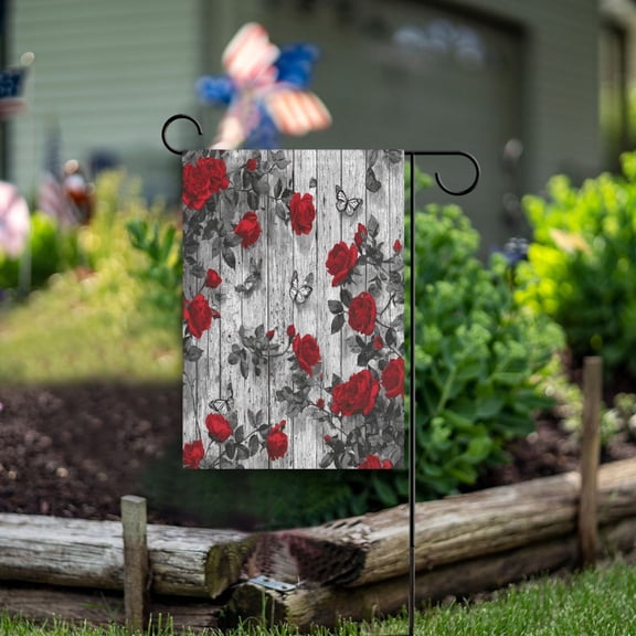 Red Roses and Butterflies Garden Flag Double Sided Outdoor Banners Yard Flags for Garden Home Holiday Decorations