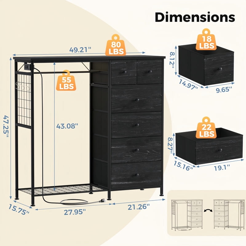 BEAUTYPEAK 6-Drawer Fabric Dresser with Hanging Rack LED Lighting Built-in Charging Station Multi-Purpose Closet, Wood Grain Black