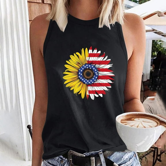 CFLVAEK Fashion Sunflower American Flag Tank Top for Women 4th of July Round Neck Shirts Summer Casual Sleeveless Tanks Independence Day Patriotic Tank Top S
