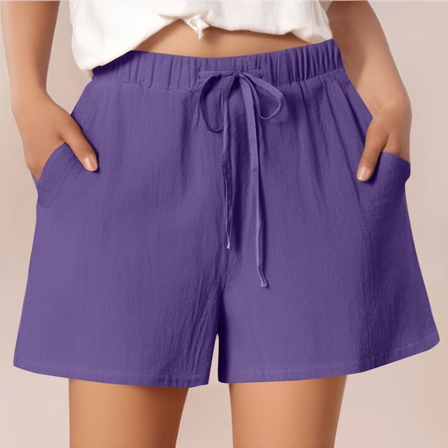 Ovticza Women's Linen Shorts Casual Flowy High Waisted Comfy Summer Basic Elastic Drawstring Boho Dressy Pockets Purple L