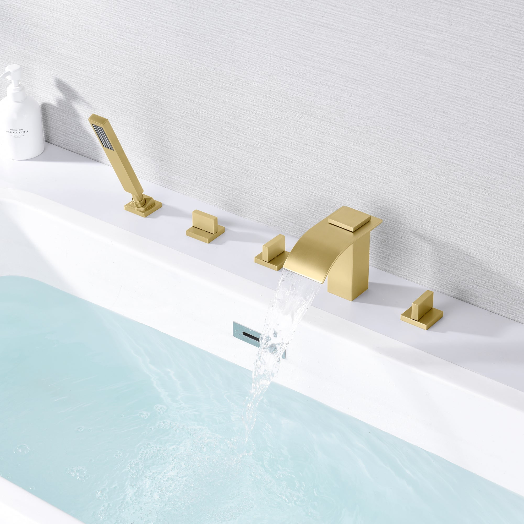 SUMERAIN 5 Holes Roman Tub Faucet Set,Deck Mount Waterfall Bathtub Faucet with Handheld Shower Brushed Gold