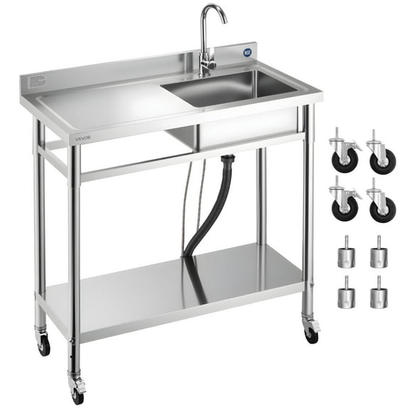 VEVOR Stainless Steel Utility Sink,Rolling Single Bowl Commercial Kitchen Sink with Wheels,Faucet and Hot & Cold Water Pipe,Utility Basin Workbench for Garage Restaurant Laundry 39.4 x 19.7 x 41.5 in