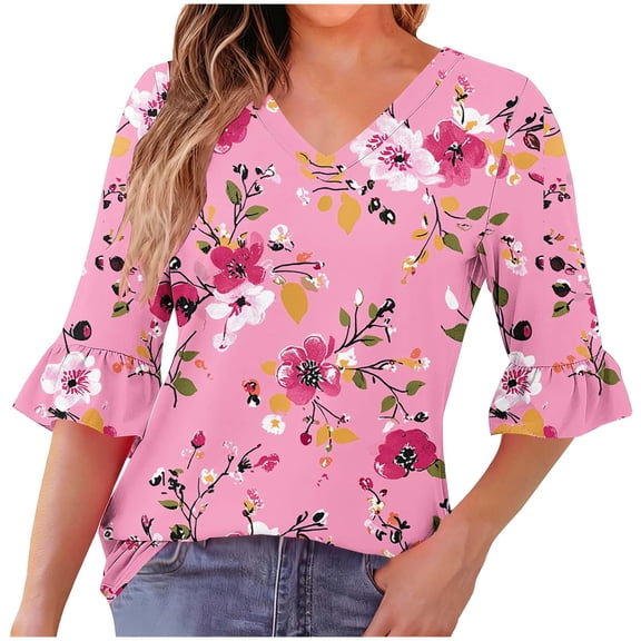 Ruimatai Women's Casual V-Neck Ruffle Blouse Printed Pleated Quarter Sleeve Top Comfortable Daily Wear Flattering Design