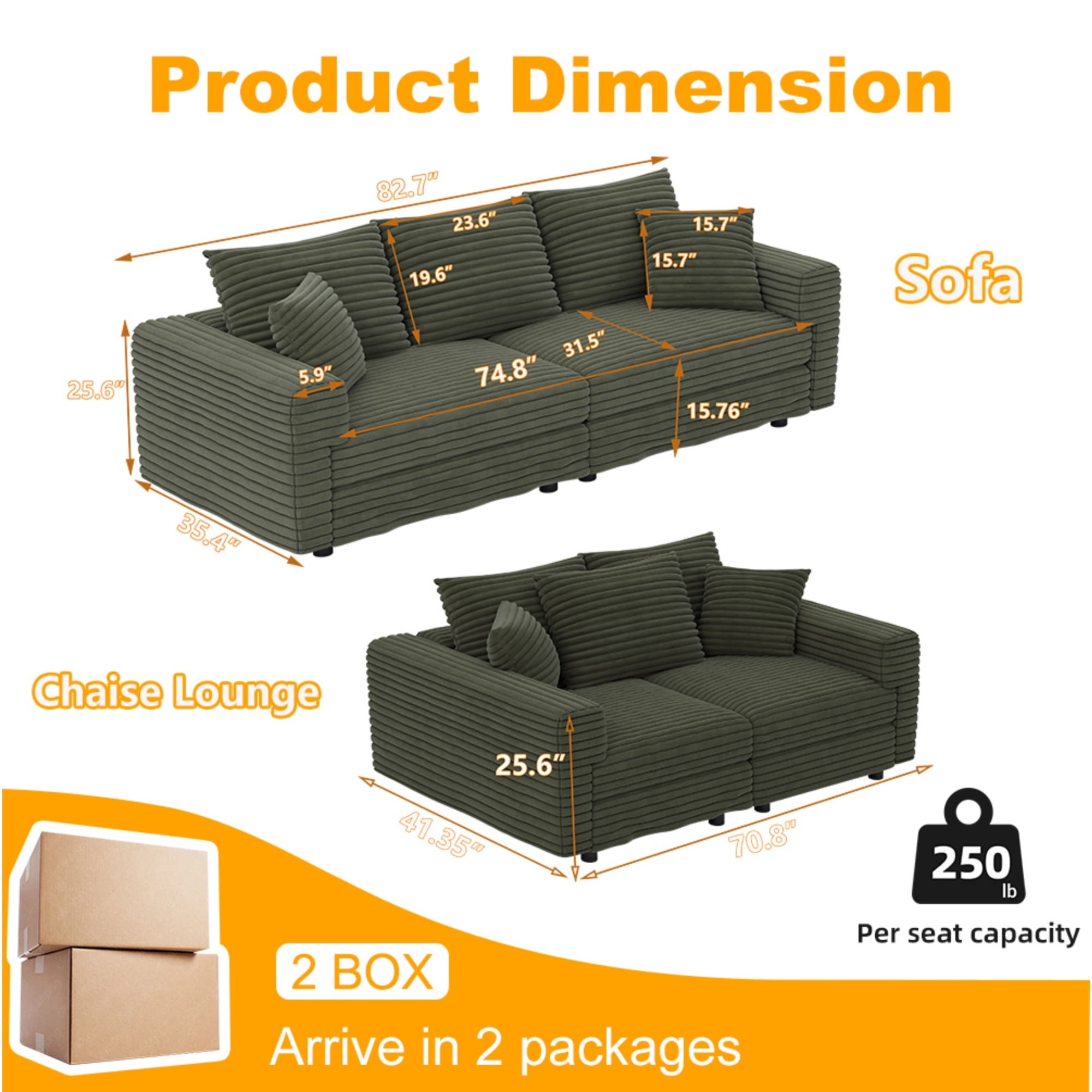 Alvantor 3-Seat Sofa 83 " W Corduroy Upholstered Deep Seat Couches Convertible Chaise for Living Room, Apartment Green
