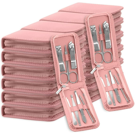 Manicure Set Bulk, Nail Clippers Kit Stainless Steel Fingernail Clippers Set, Sturdy Nail Tip Cutter Trimmers Professional Grooming Toenail Clippers Personal Pedicure Kits 8 in 1 (Pink 24 Pack)