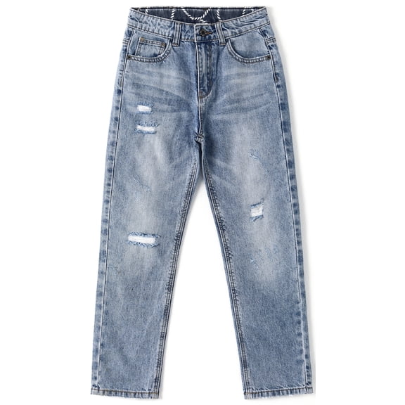 KIDSCOOL SPACE Girl Jeans,Big Kid Ripped Elastic Band Inside Straight Fit Denim Jeans Pants,Blue,7-8 Years