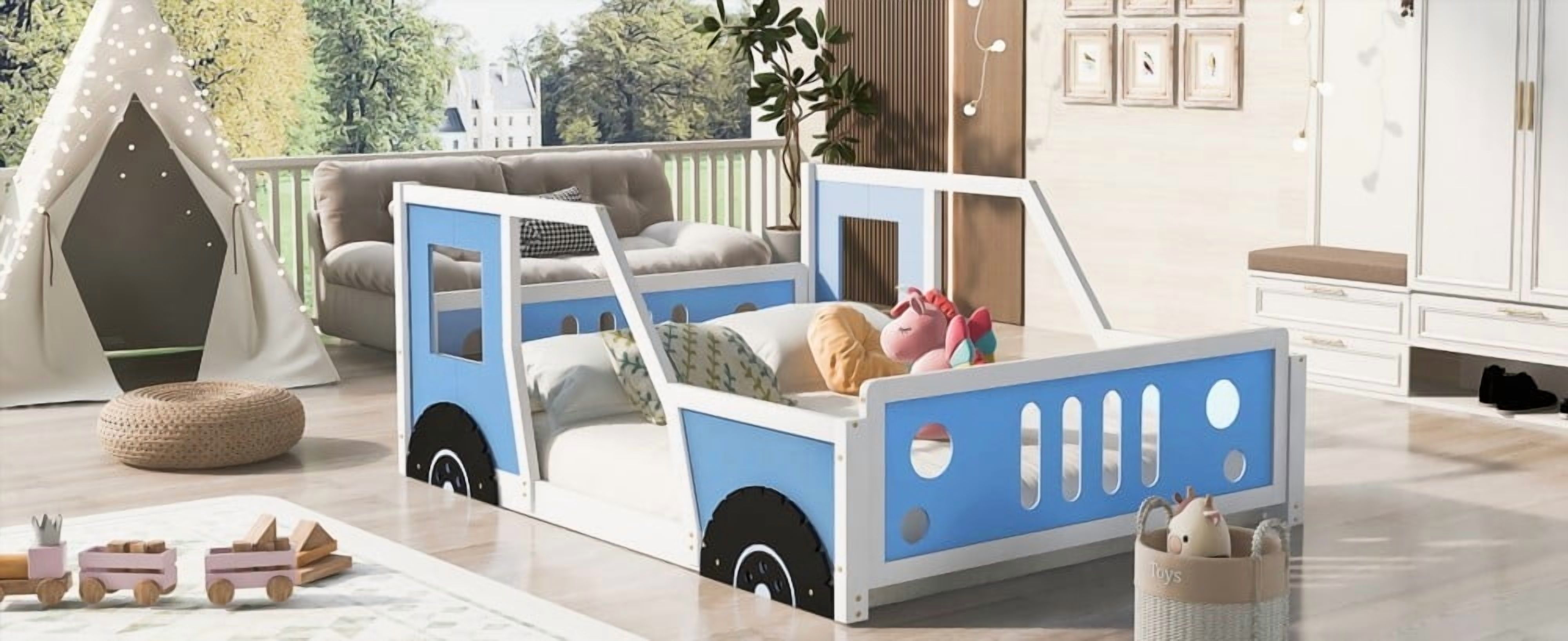 Full Size Classic Car Bed with Wheels - Blue|Sturdy Pine Wood Frame|Easy Assembly