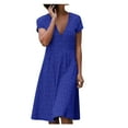 thumbnail image 1 of B91xZ Robe Grande Taille Col Montant Manches Courtes Taille Haute Robe Décontractée à Volants, Bleu P, 1 of 4