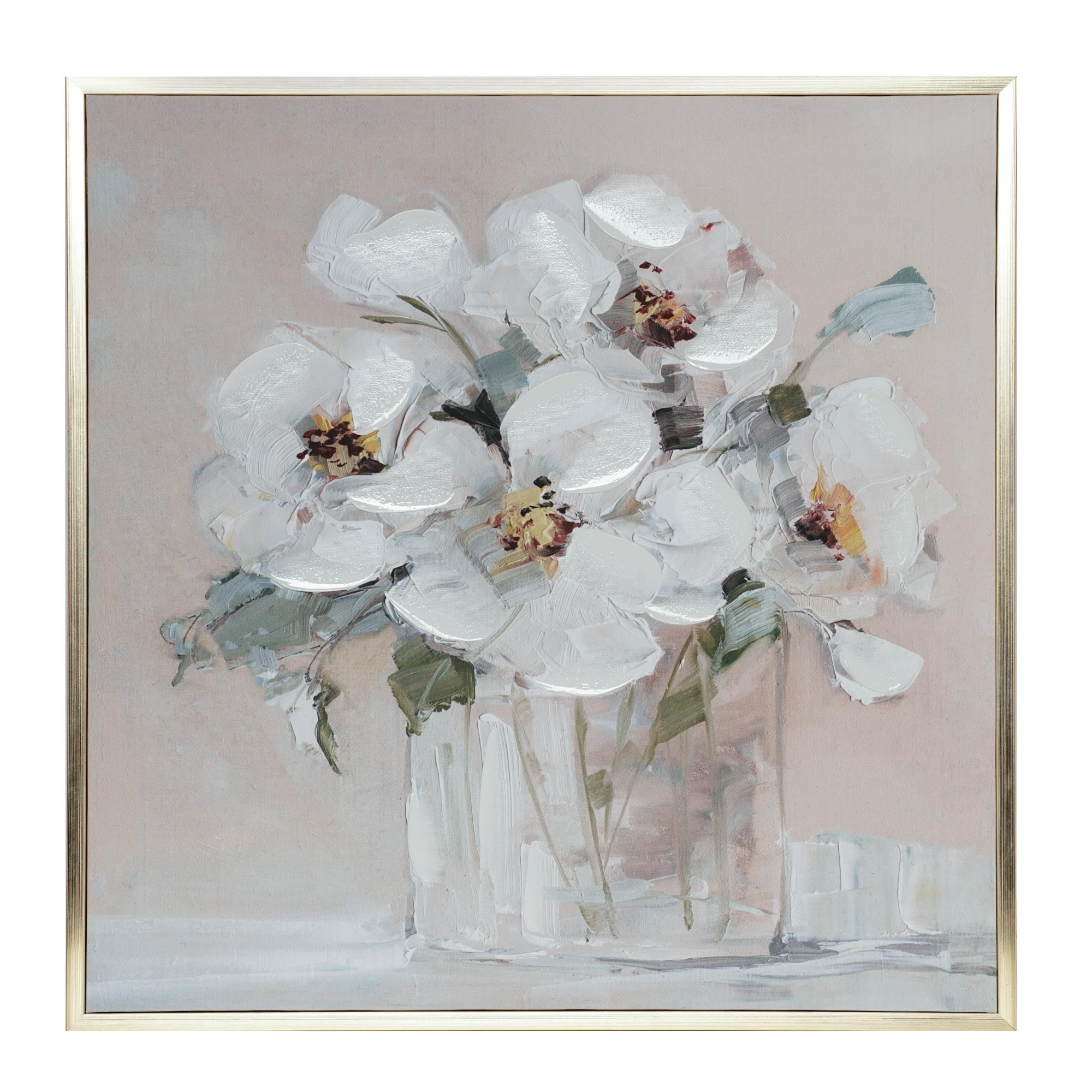 Crystal Art Gallery - White Peonies Gold L-Framed Canvas Farmhouse Style Wall Artwork- 23" x 23"