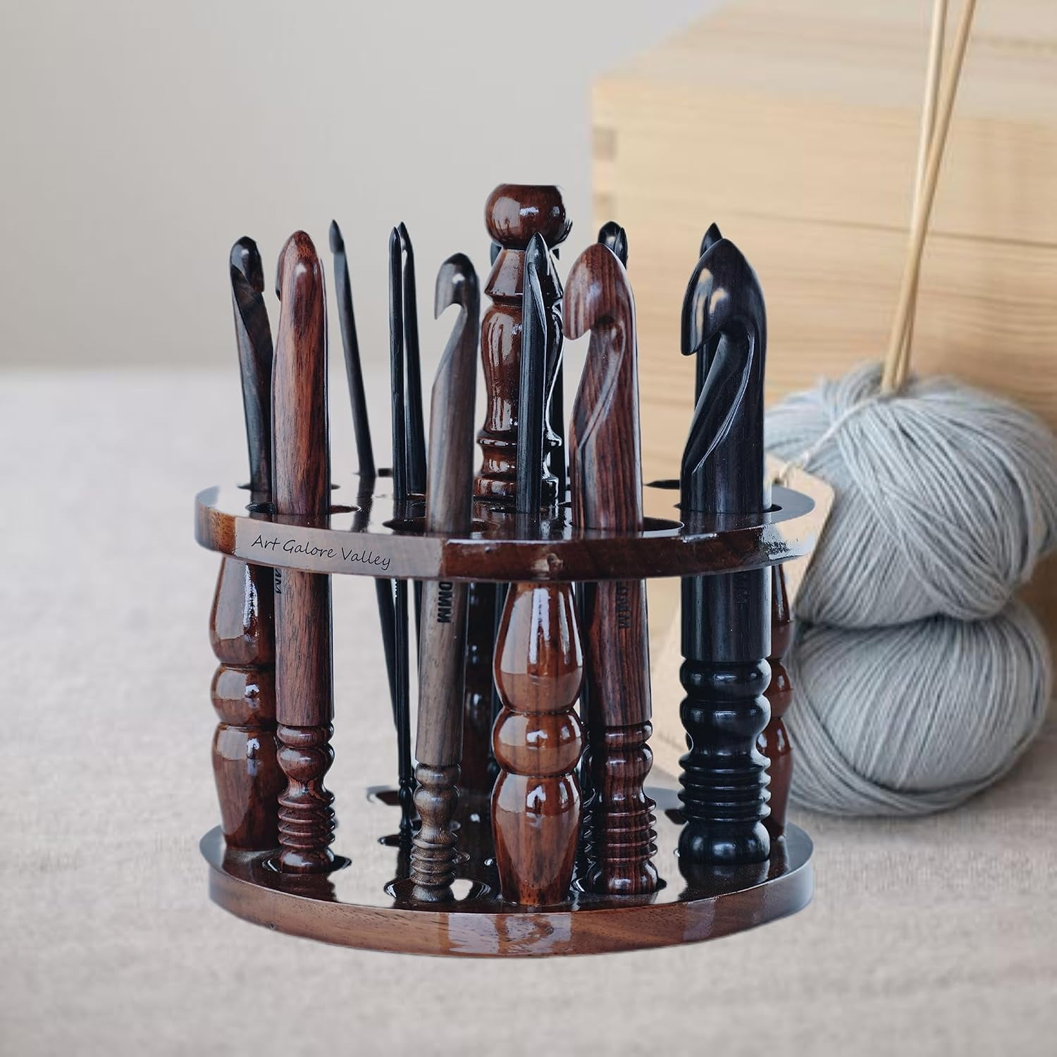Ergonomic Crochet Hooks Set of 15 Soft Grip Rosewood Hooks 3.5 MM to 25 MM, Wooden Yarn Crochet Hooks for Arthritic Hands Needles for Knitting and Crocheting Set with Stand